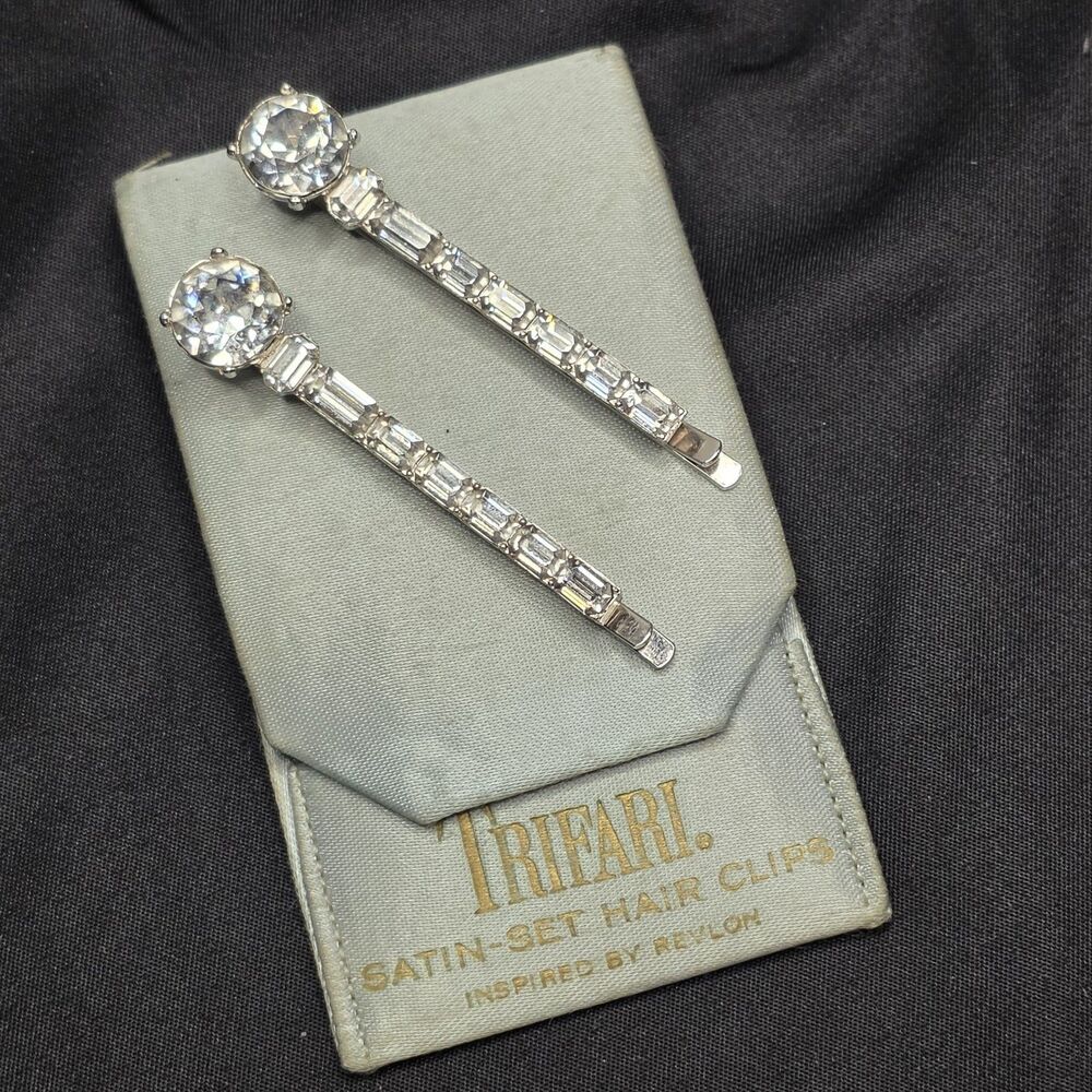 Crown Trifari 1950s Hair Clip Pair Silver Tone Bobby Pins Crystal Rhinestones